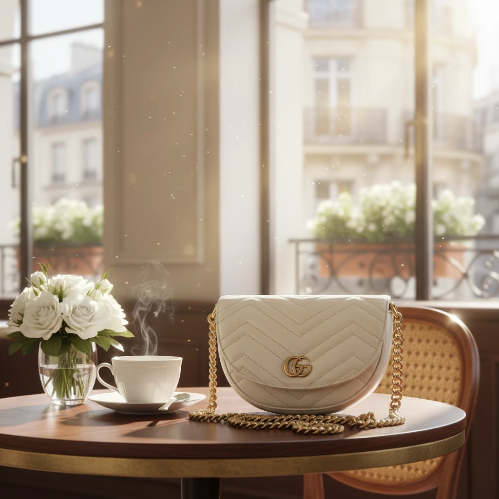 95新 GUCCI/古驰  白色半圆链条包  1813 4593