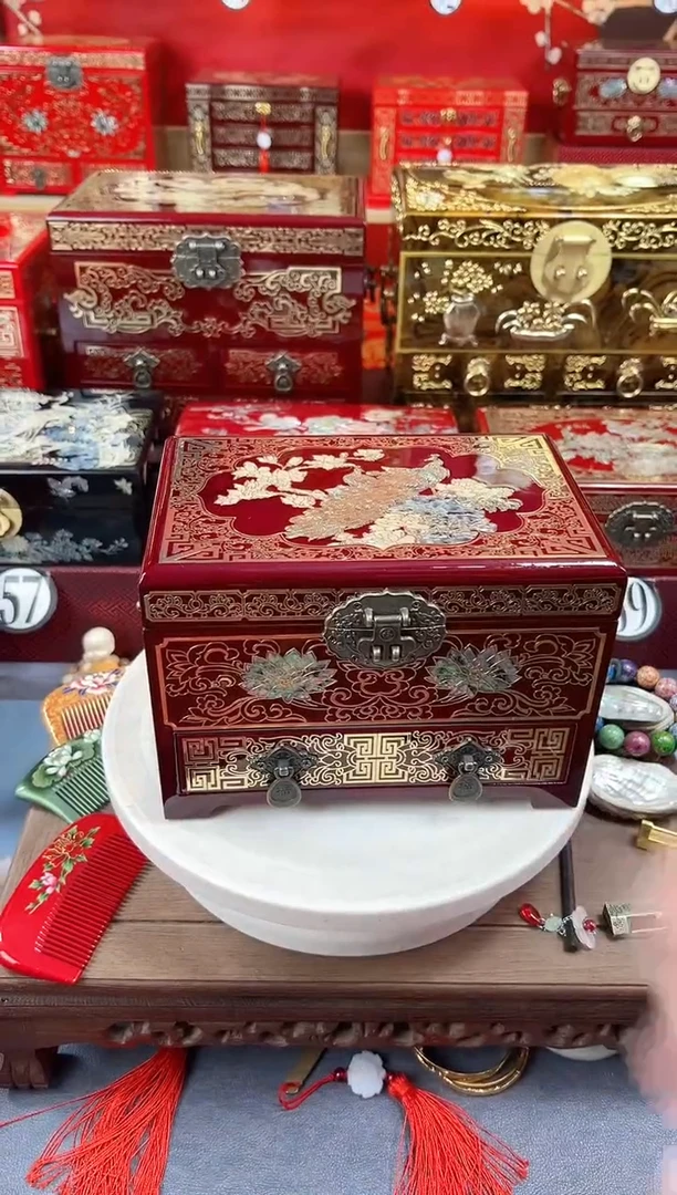 21厘米新款三层单抽掐丝螺钿镶嵌酒红孔雀