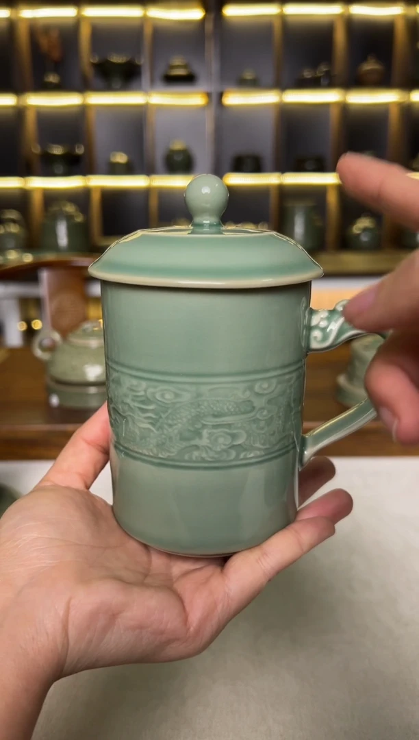 瓷片耀州窑青釉双龙纹办公杯正品