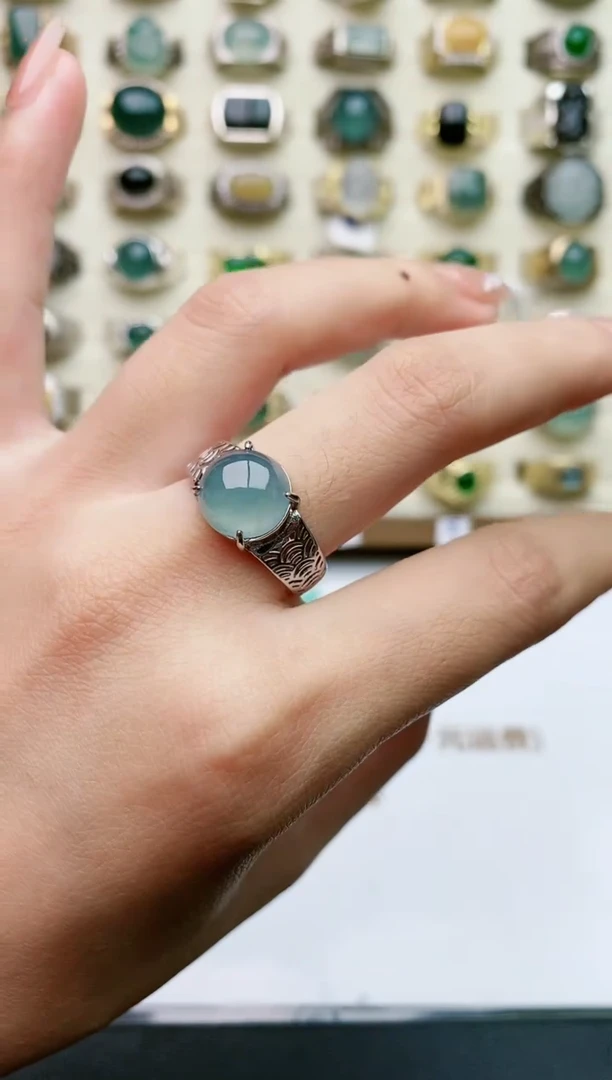 翡翠戒指银S925镶嵌天然翡翠男戒