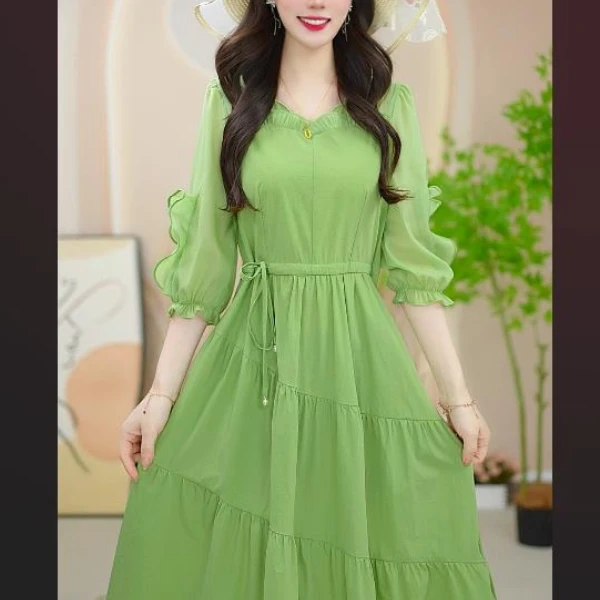 夏季高腰中长裙碎花长袖连衣裙洋气中长款遮肚收腰