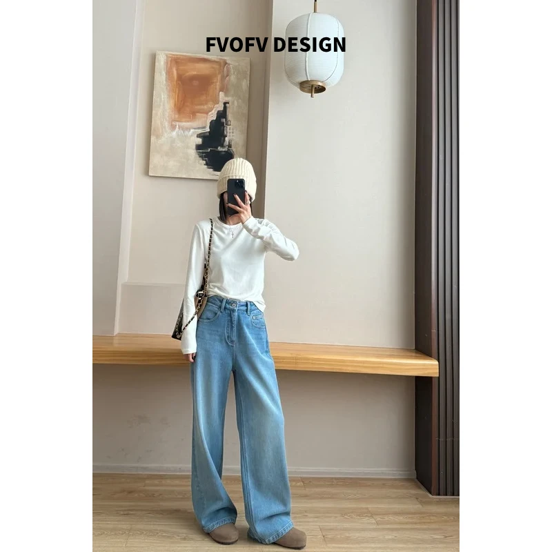 FVOFV【反季节】定制水洗蓝色系～加厚一体绒直筒高克重牛仔裤Z5049