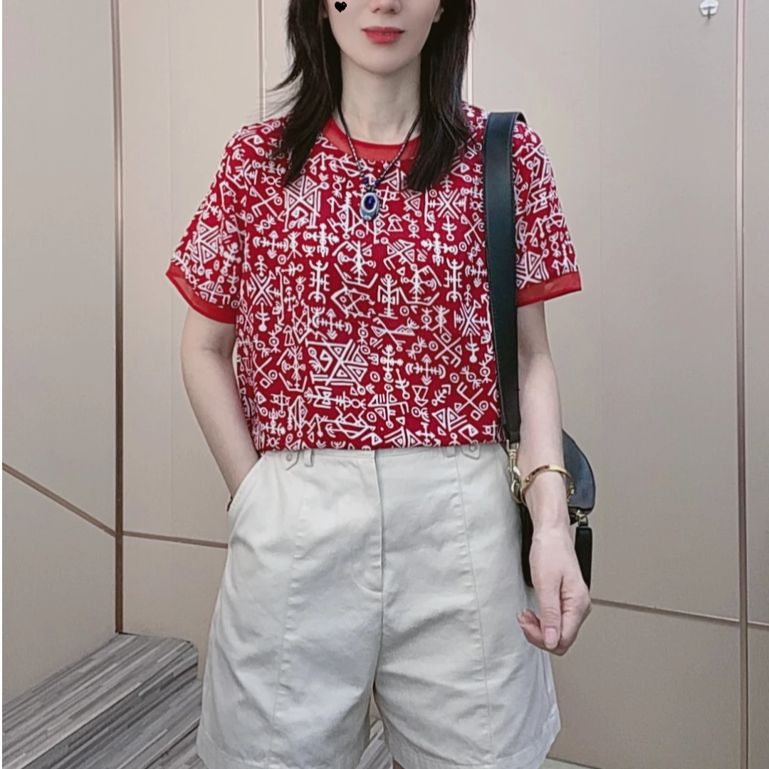 洋气2025年夏季女装圆领短袖t镂空蕾丝拼接轻薄透气上衣宽松遮肚t