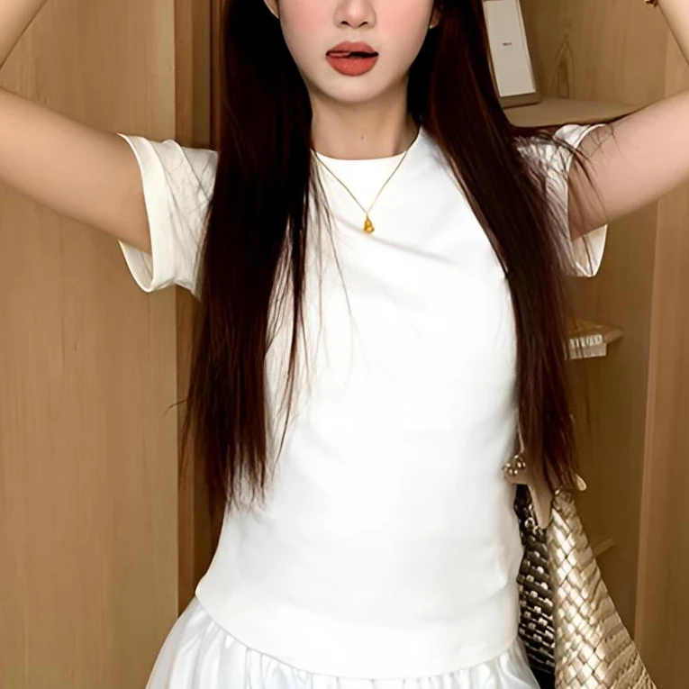 圆领甜美粉色短袖T恤女夏季小个子修身收腰显瘦百搭正肩上衣