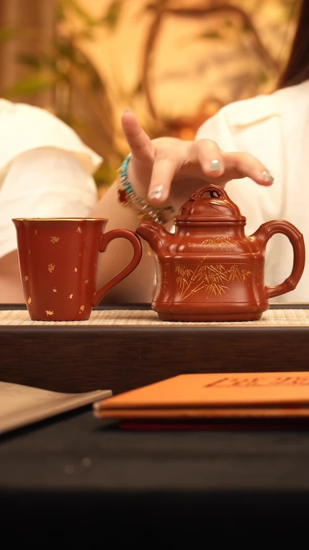 茶壶紫砂YF四方竹鼎 朱泥-杯