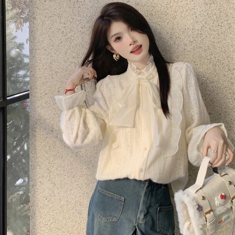 春秋季新款韩系时尚气质立领蝴蝶结系带长袖衬衫女内搭加绒上衣