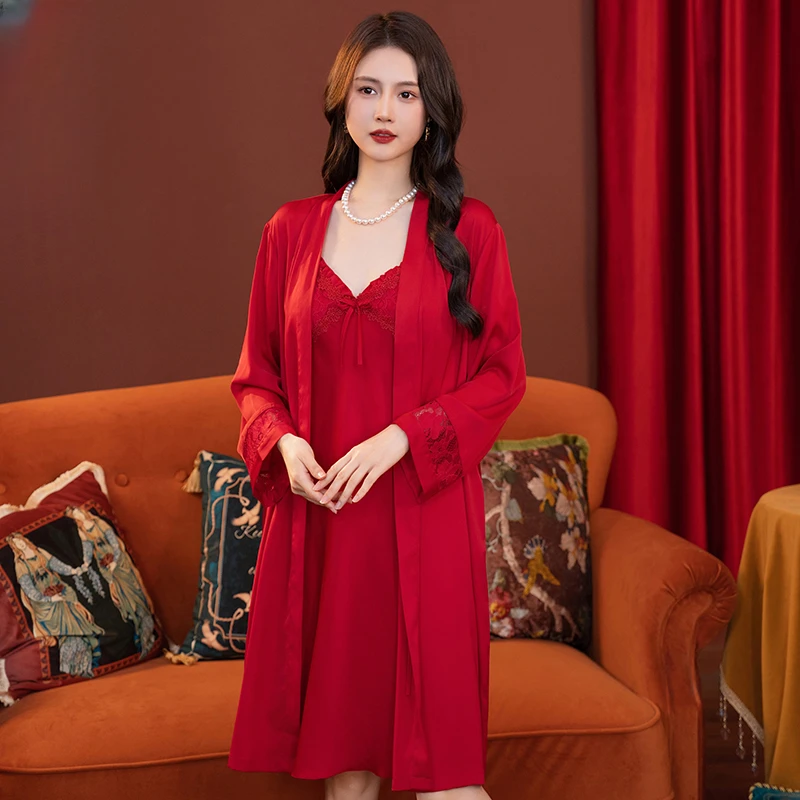 达芬奇密码2025春季新款睡袍红色吊带睡衣胸垫可拆卸家居服套装