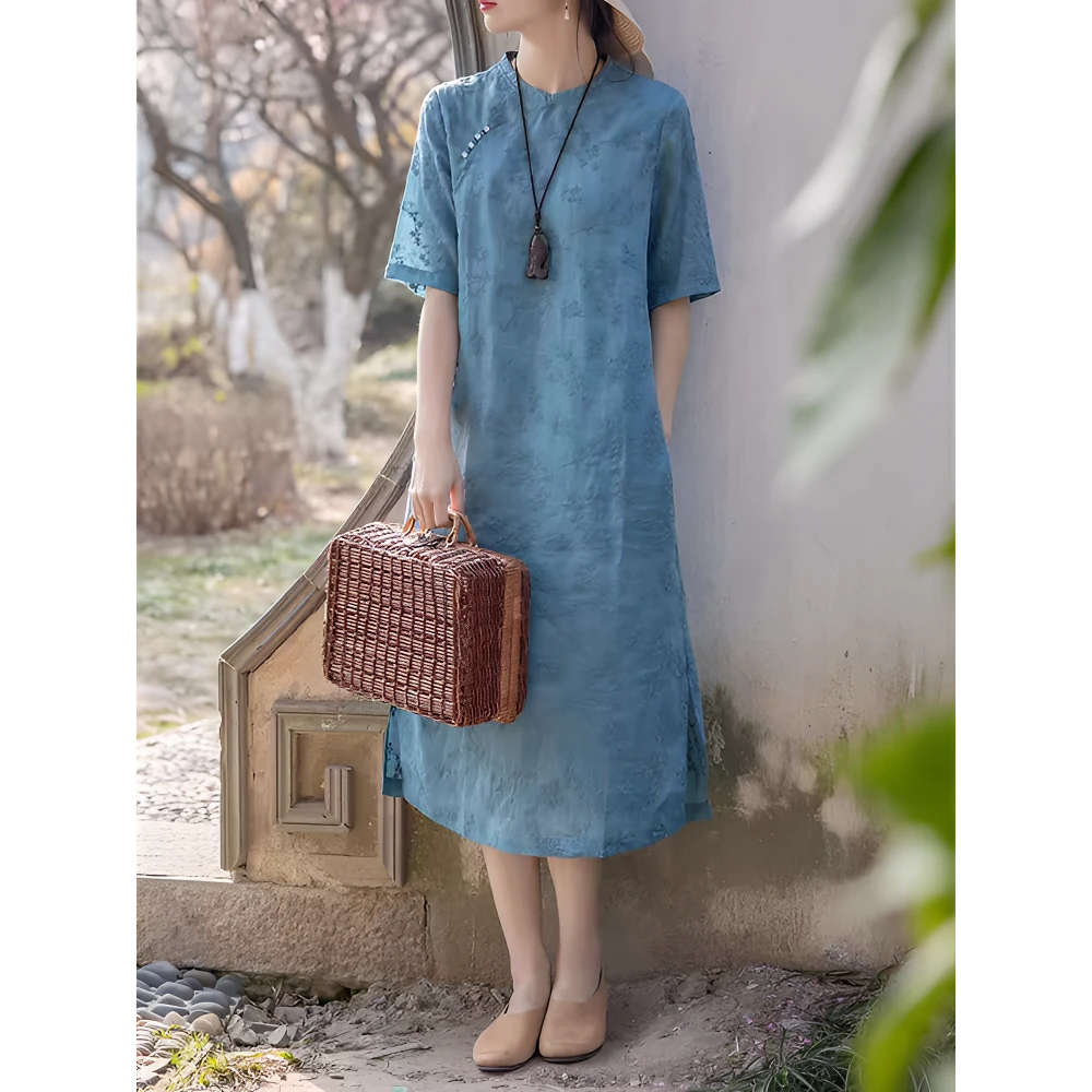 天丝麻精致重工水溶刺绣改良旗袍裙女2025夏季新款新中式宽松显瘦