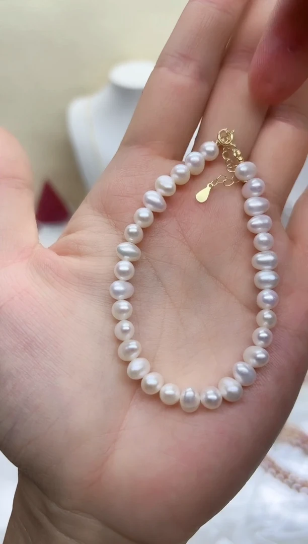 淡水珍珠手链银S925镶嵌白色横孔5-6mm