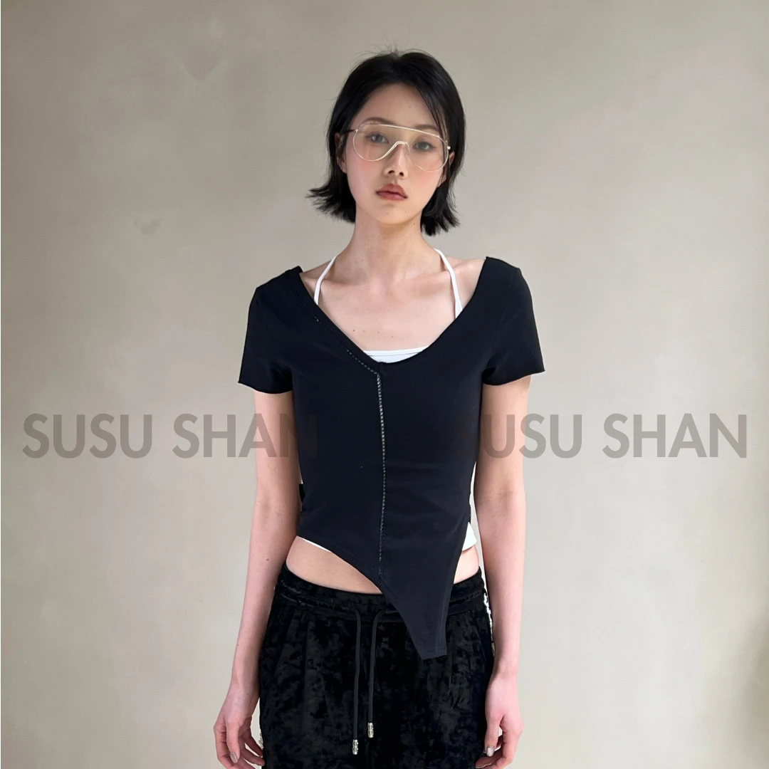 SUSUSELECT｜夏季V领高腰T恤百搭免烫处理显瘦纯欲风拼耐磨短袖