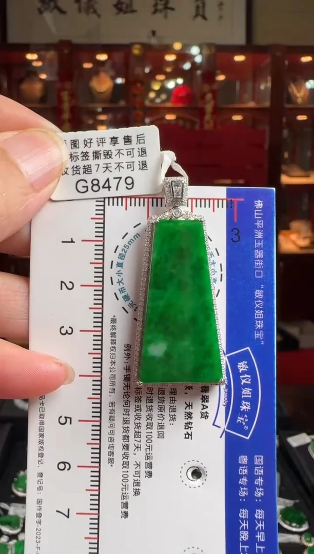 翡翠18K金镶嵌颈饰G8479辣绿无事牌