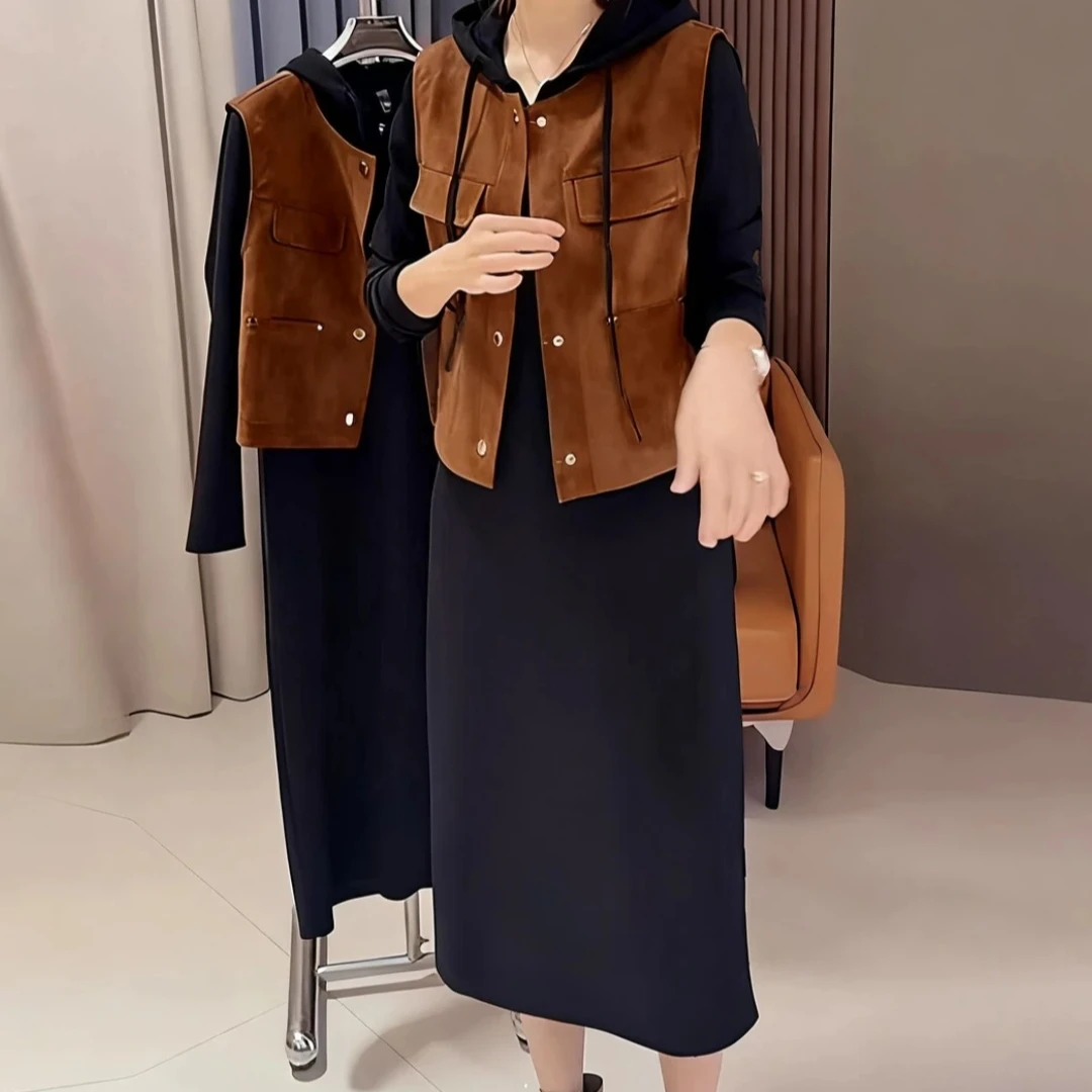 加大300斤大码秋季新款胖mm时尚中长款连帽卫衣裙+马甲休闲两件套