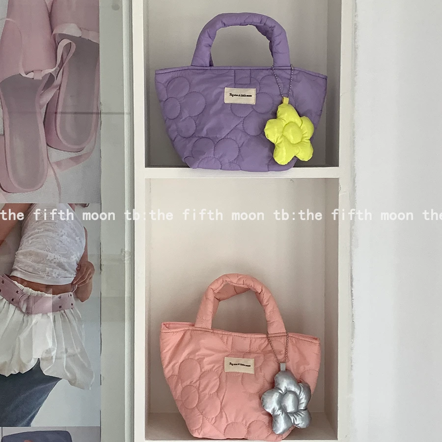 thefifthmoon简约ins风可爱花朵花花绗缝手提包便当包收纳包