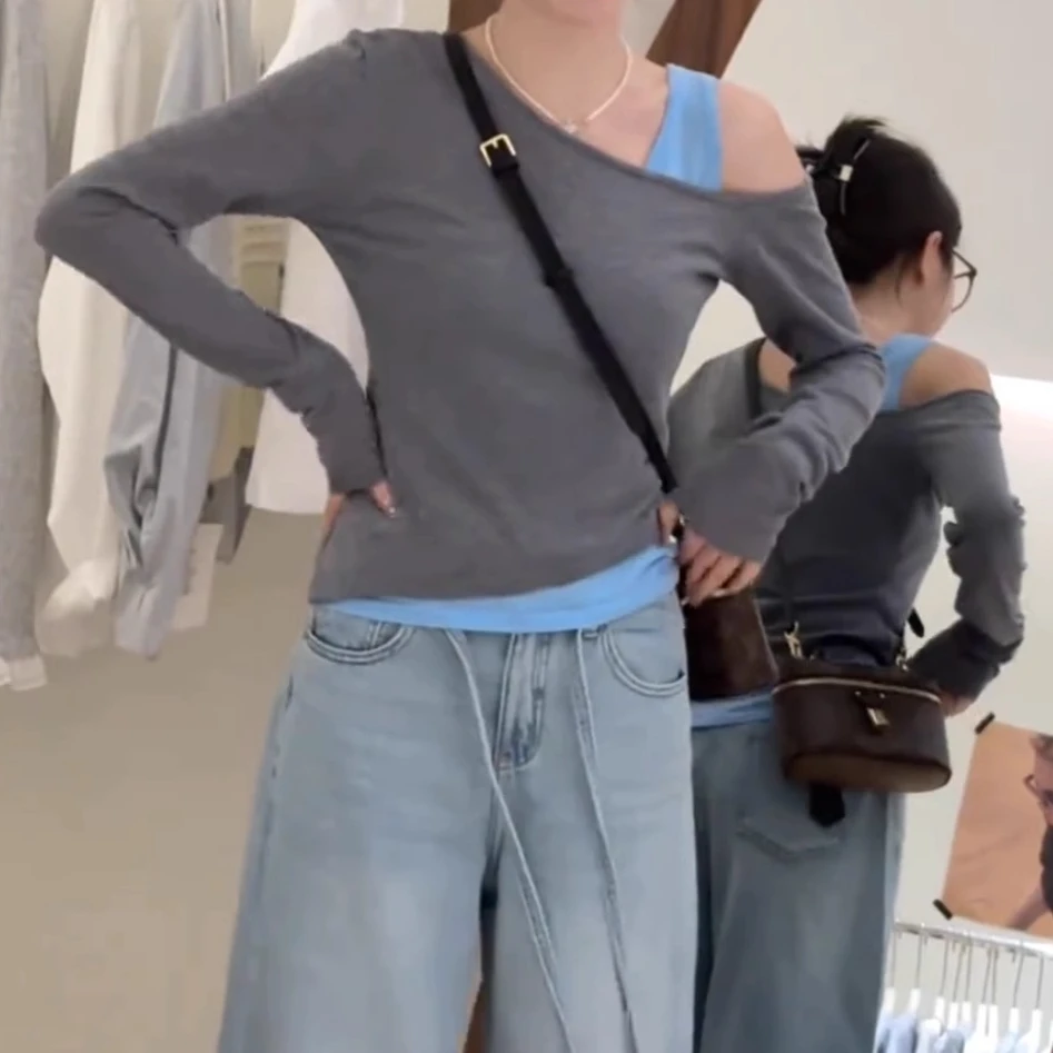 韩系设计感斜肩假两件T恤春季新款小众气质修身显瘦独特别致上衣