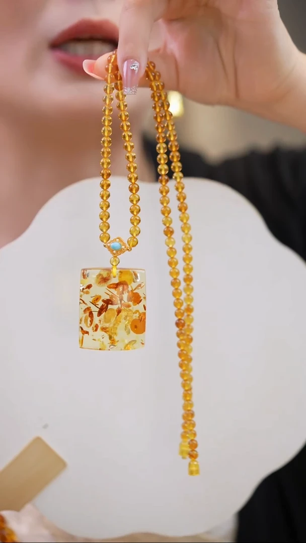 琥珀（花珀）项链银S925镶嵌?**壳花珀无事牌红茶珀设计款项链5mm