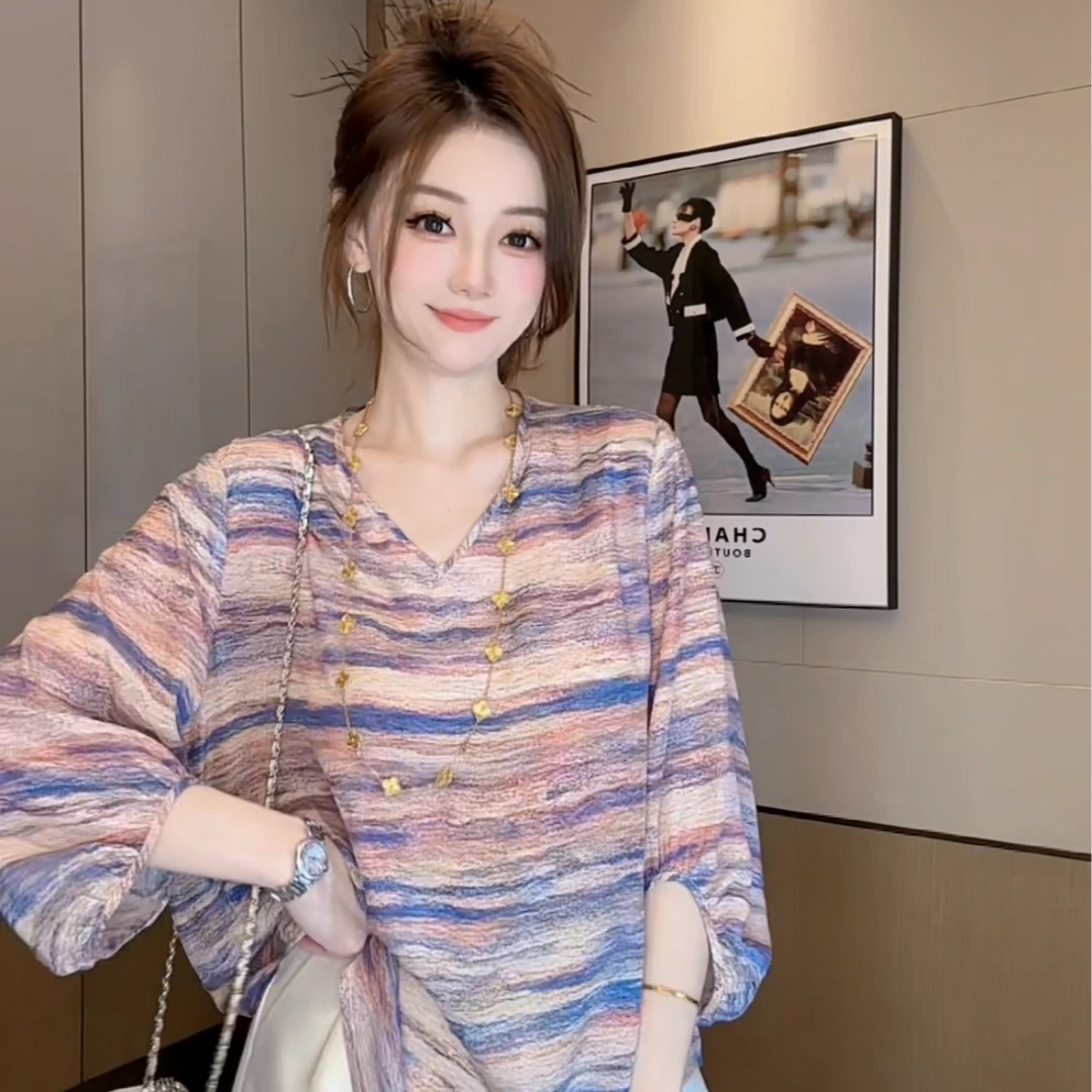 【丝芙玉禄】（F760）100%真丝双绉创意条纹印花宽松桑蚕丝t恤上衣