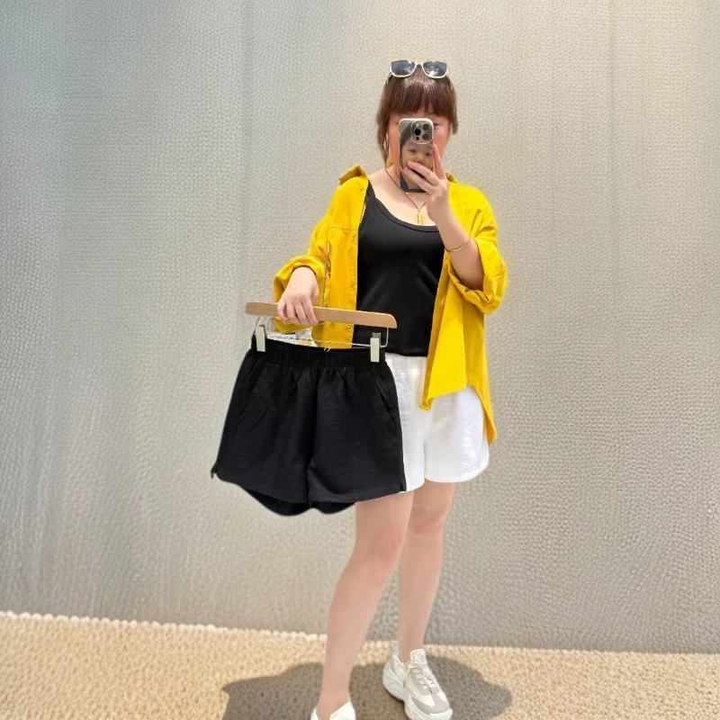 夏季百搭款闪闪短裤休闲裤显瘦时尚松紧腰女装黑色白色宽松裤子