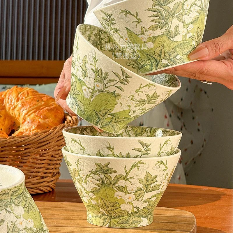 铃兰花家用INS风餐具高脚饭碗面陶瓷米饭碗珍珠纹釉面高质感奶油