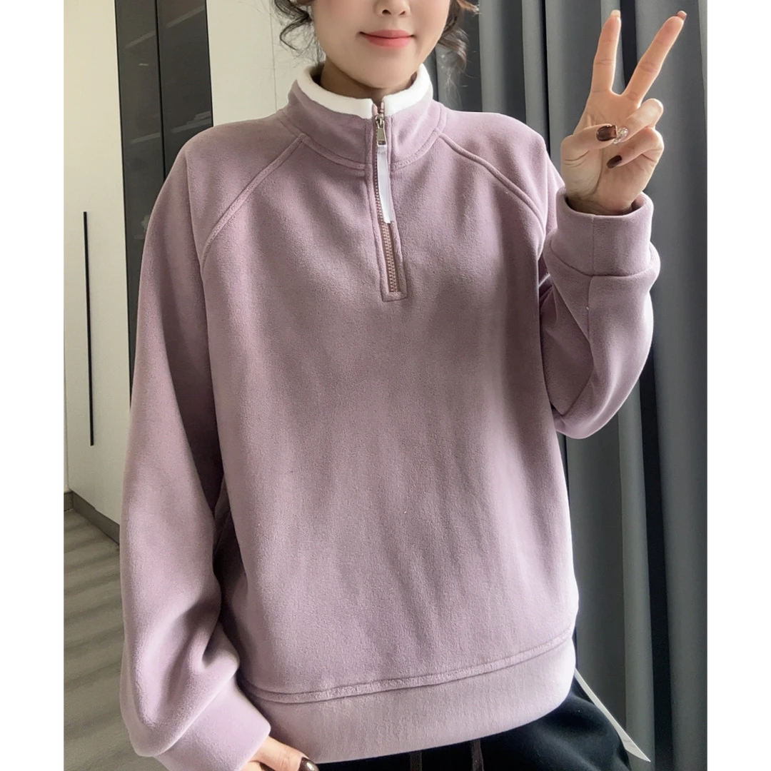 1598冬季百搭显瘦防风保暖加绒加厚半拉链小立领卫衣女宽松内搭