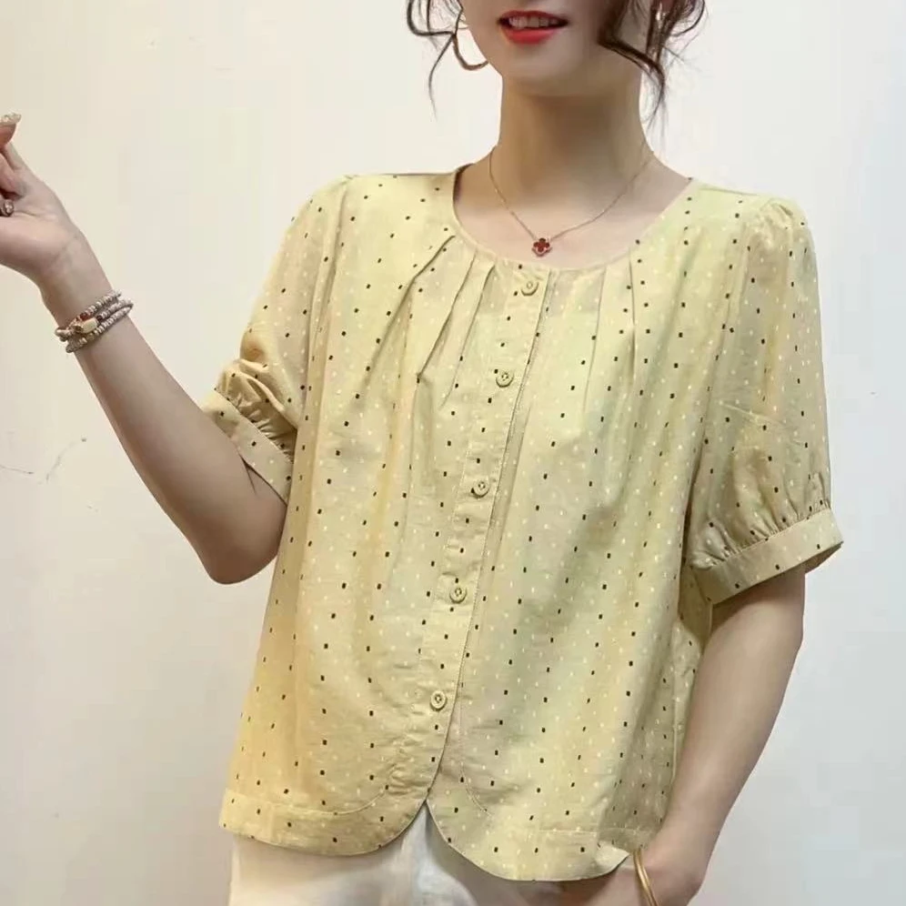 2025年夏季甜美波点休闲百搭圆领短袖衬衫气质时尚优雅衬衣女