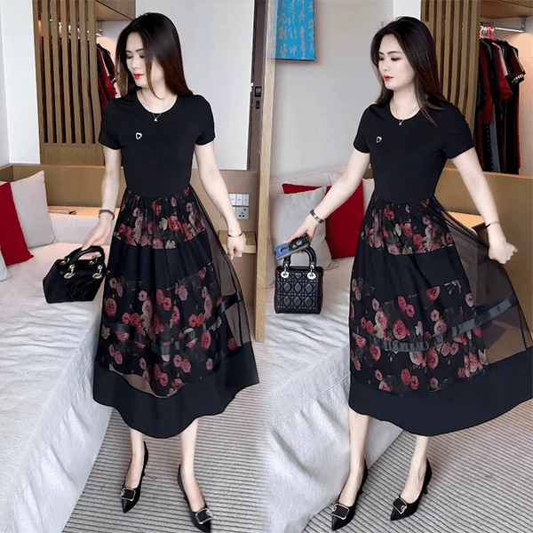 夏季洋气时尚气质连衣裙女2025新款减龄百搭印花拼接假两件裙子潮
