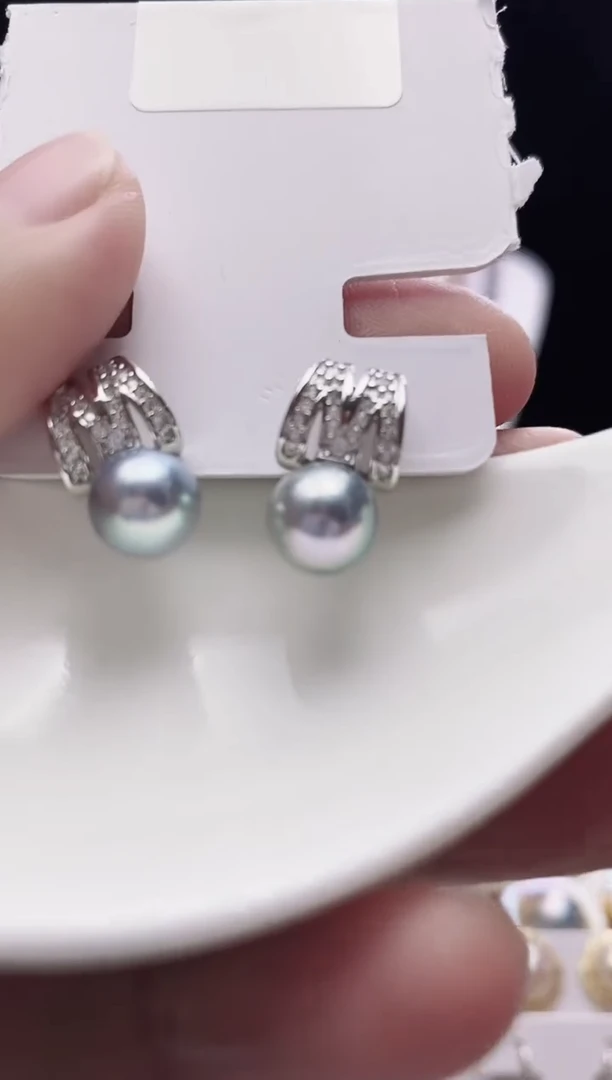 银S925镶嵌耳钉海水珍珠海水真多麻珍珠耳钉