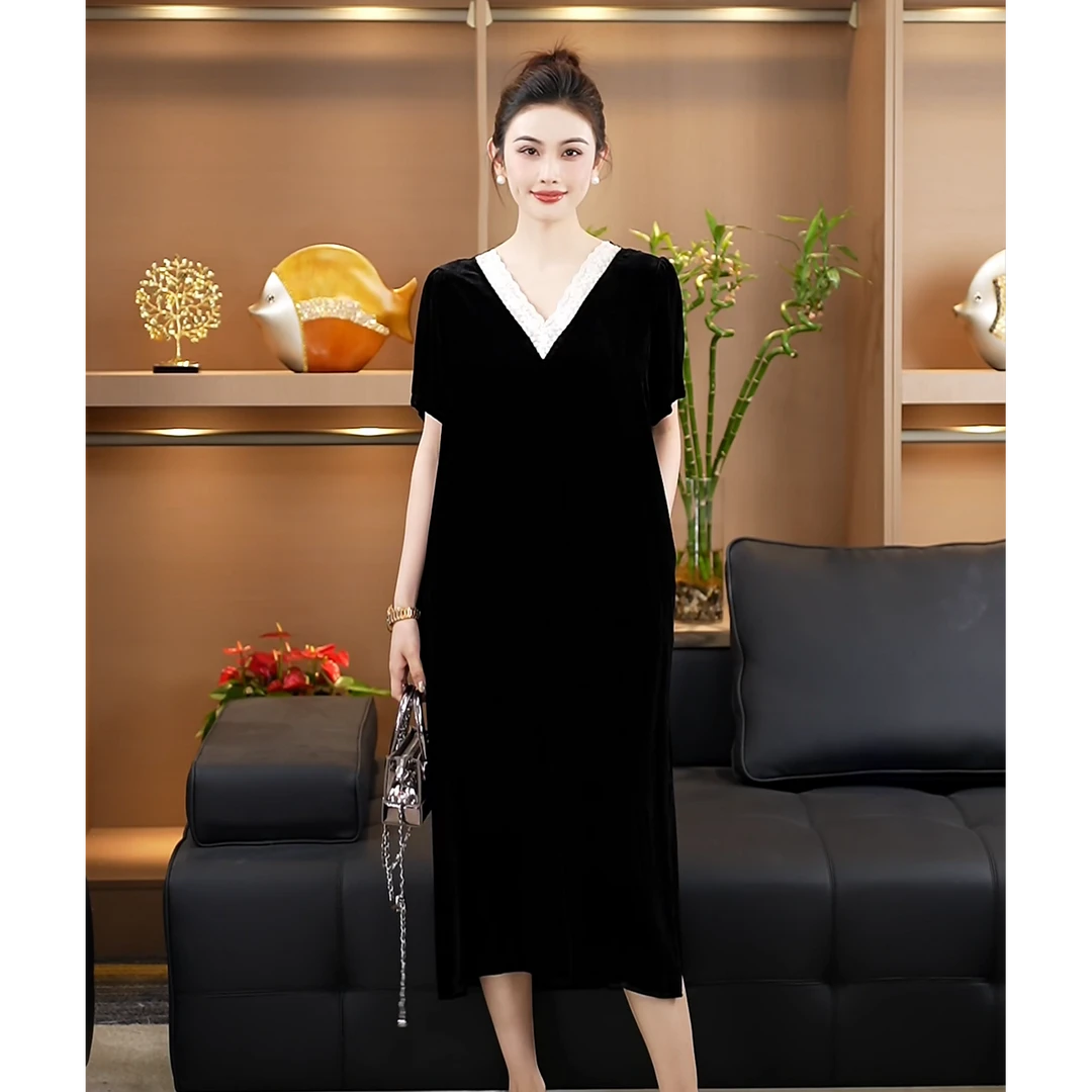 黑白V领后背灵动领结黑色真丝丝绒气质百搭通勤夏季连衣裙A050655
