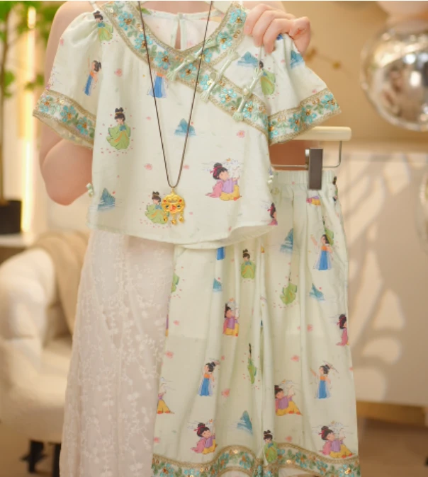 2025女童夏季新中式小唐人洋气国风刺绣提花仙气提花刺绣国风套装