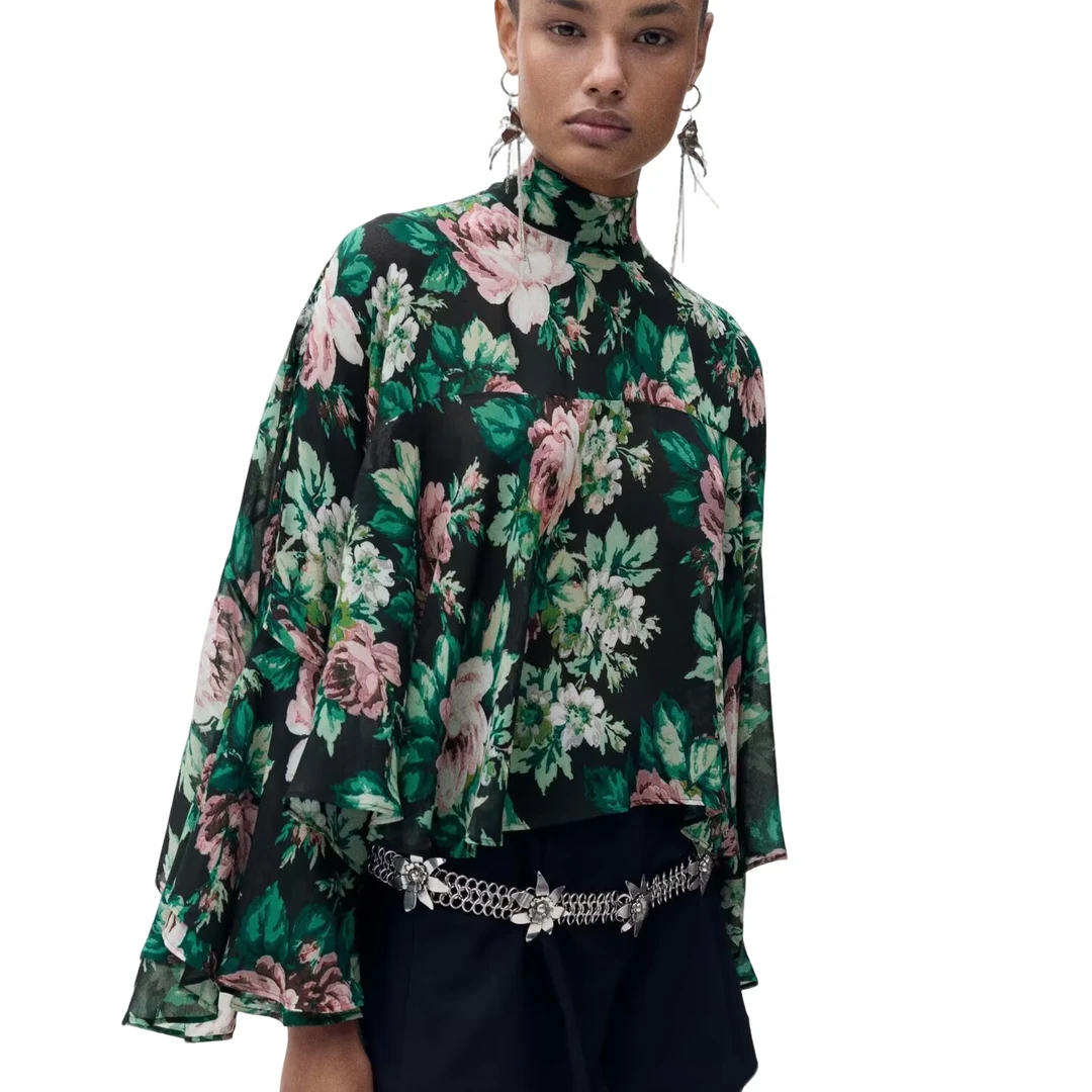 MANGO女士飘带印花斗篷式衬衣蝙蝠袖长袖气质时尚春夏