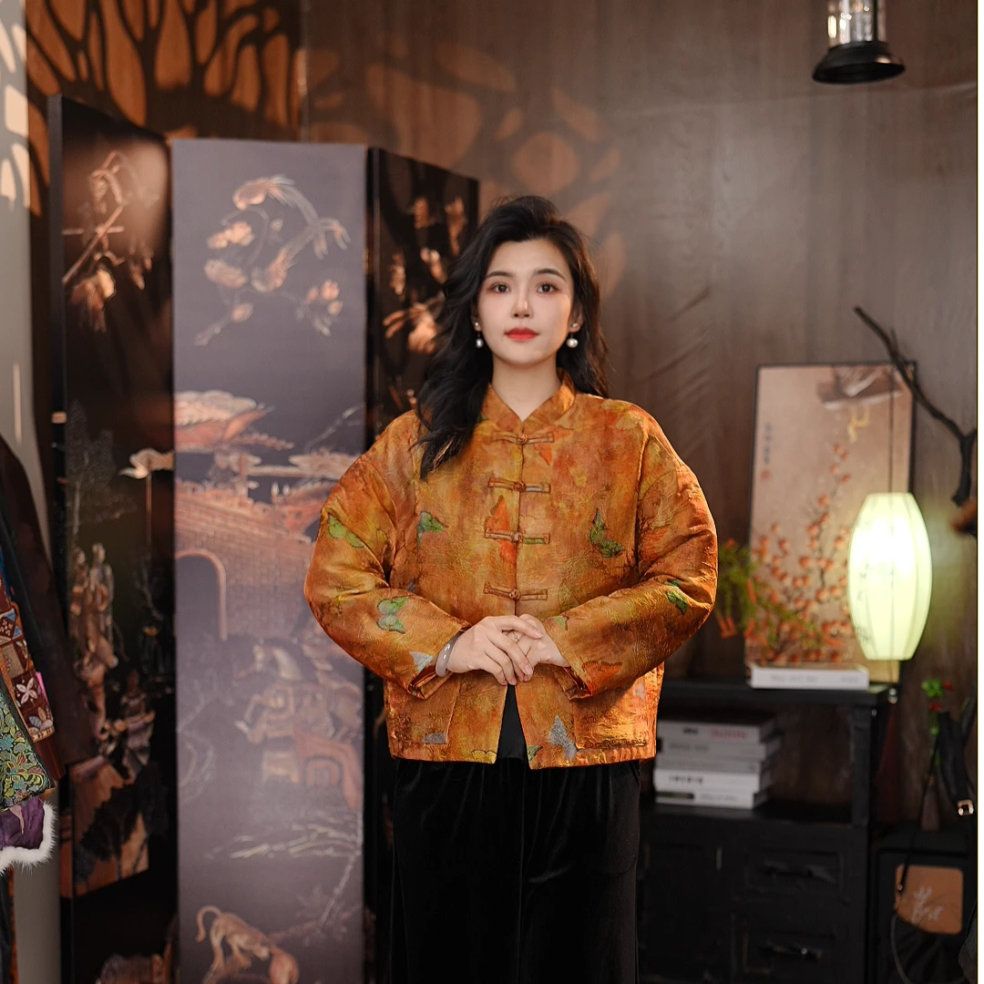 冬款上新女士保暖上衣外套蝴蝶印花新中式复古风精致妈妈装6962