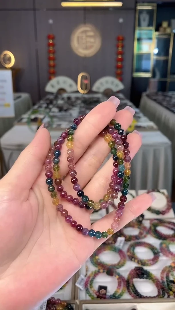 未镶嵌透体老矿碧玺彩虹三圈手串5mm+碧玺hon多样性发一条