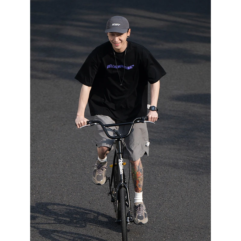 BELLKENIDEA纯棉廓形宽松字母印花纯色T恤短袖男流行美式休闲夏季