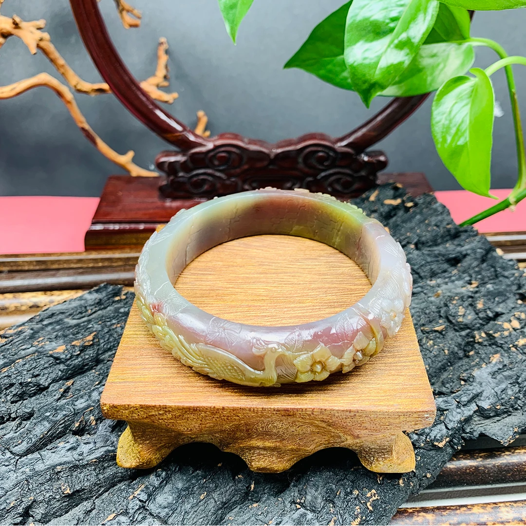 天然老矿七彩盐源玛瑙手工精雕玫瑰凤凰手镯