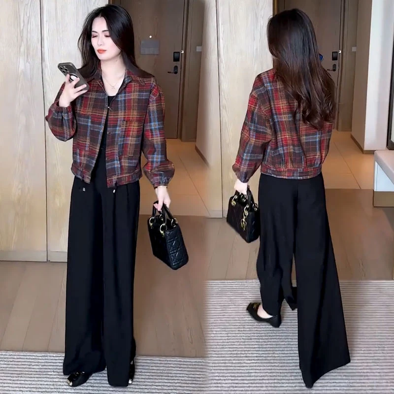 时尚格子短外套女2025秋季新款洋气显瘦宽松遮肉百搭休闲夹克上衣