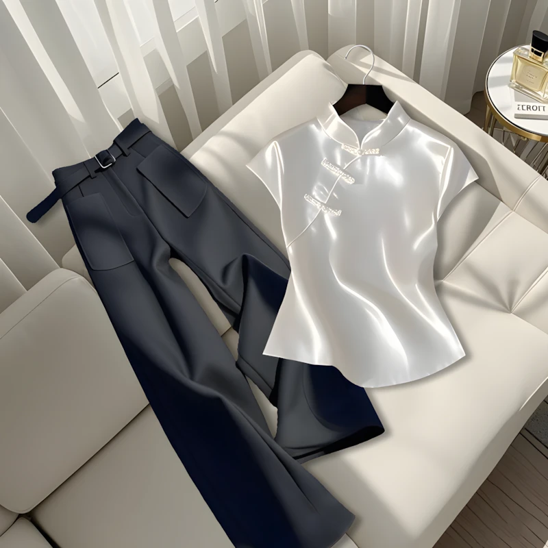 2025夏季爆款新中式高级感白色短袖上衣洋气百搭直筒休闲裤套装女