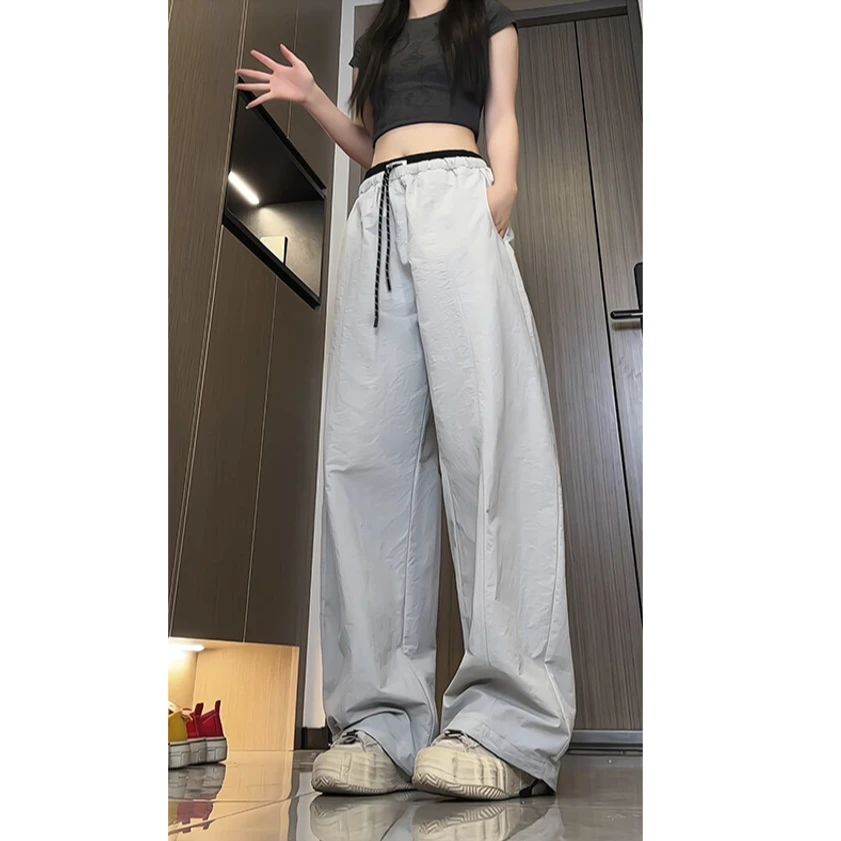 潮牌拼色腰头薄款运动裤宽松透气山本裤男女同款夏季冰丝阔腿裤