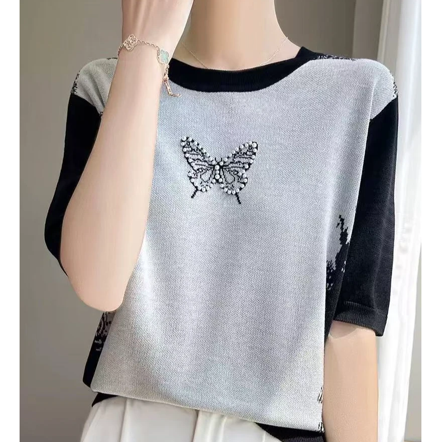 052立体蝴蝶印花针织短袖女圆领撞色针织轻薄透气半袖上衣针织衫