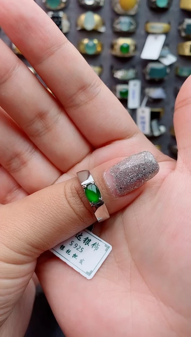 银S925镶嵌戒指翡翠一****九天然 翡翠男戒