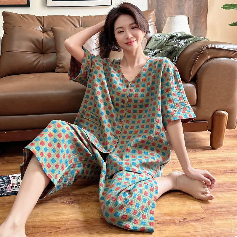 胖妹妹大码睡衣200斤胖mm夏季纯棉双层纱短袖七分裤家居服女夏款