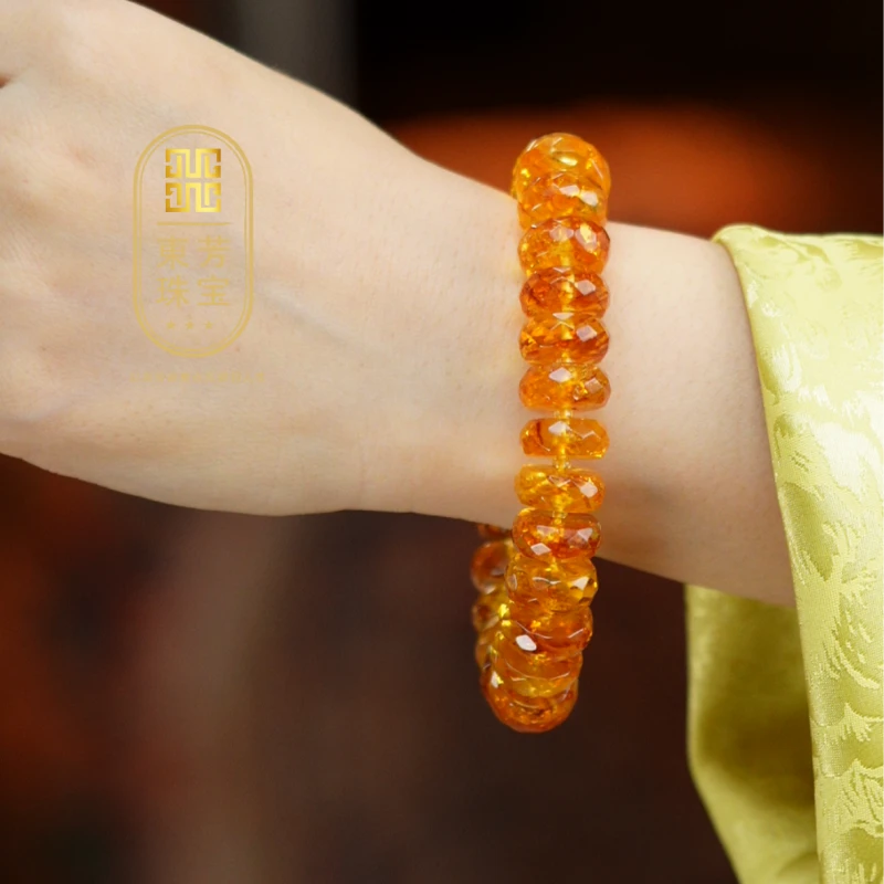 東芳珠宝-14mm素圈俄罗斯天然花珀钻切手串琥珀直切手串花珀手串