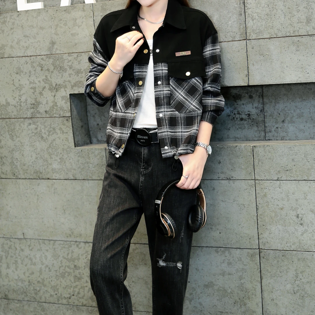 拼接撞色格子衬衫女春秋新款时尚洋气减龄上衣#3736