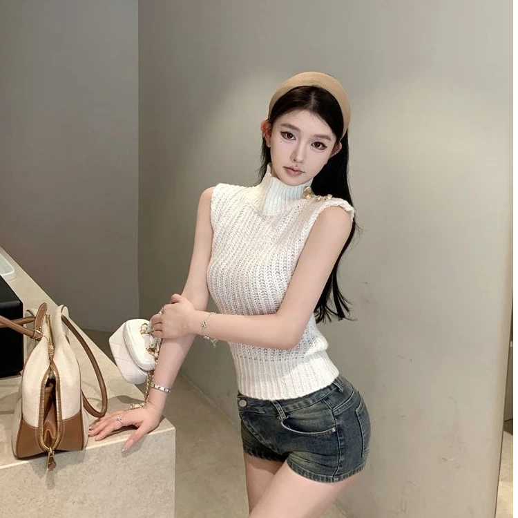 辣妹性感修身通勤无袖针织上衣洋气休闲百搭气质显瘦短款裤子套装