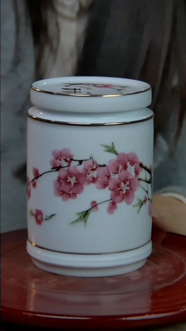 摆件陶水点桃花小茶叶罐