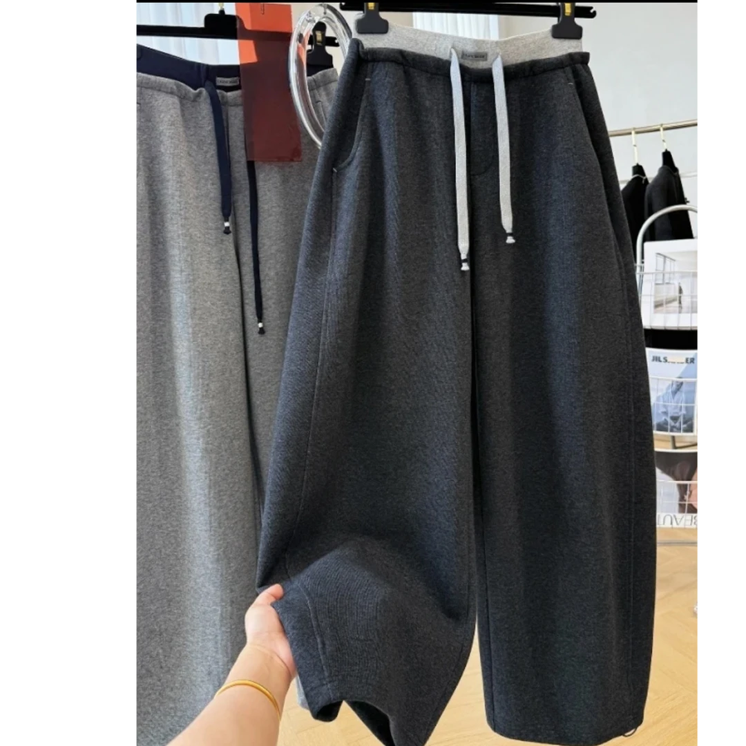 高级感韩系松弛感秋冬巨休闲弯刀裤加绒阔腿裤时尚2025年女装大码