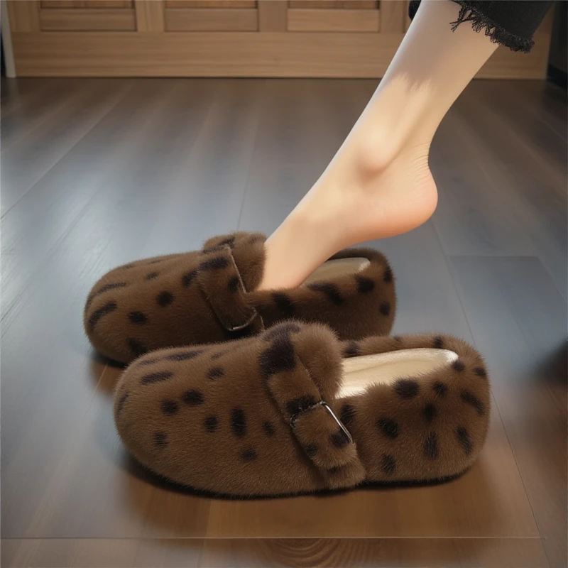 豹纹水貂毛毛鞋女冬季外穿高级感加绒保暖网红欧货一脚蹬软底棉鞋