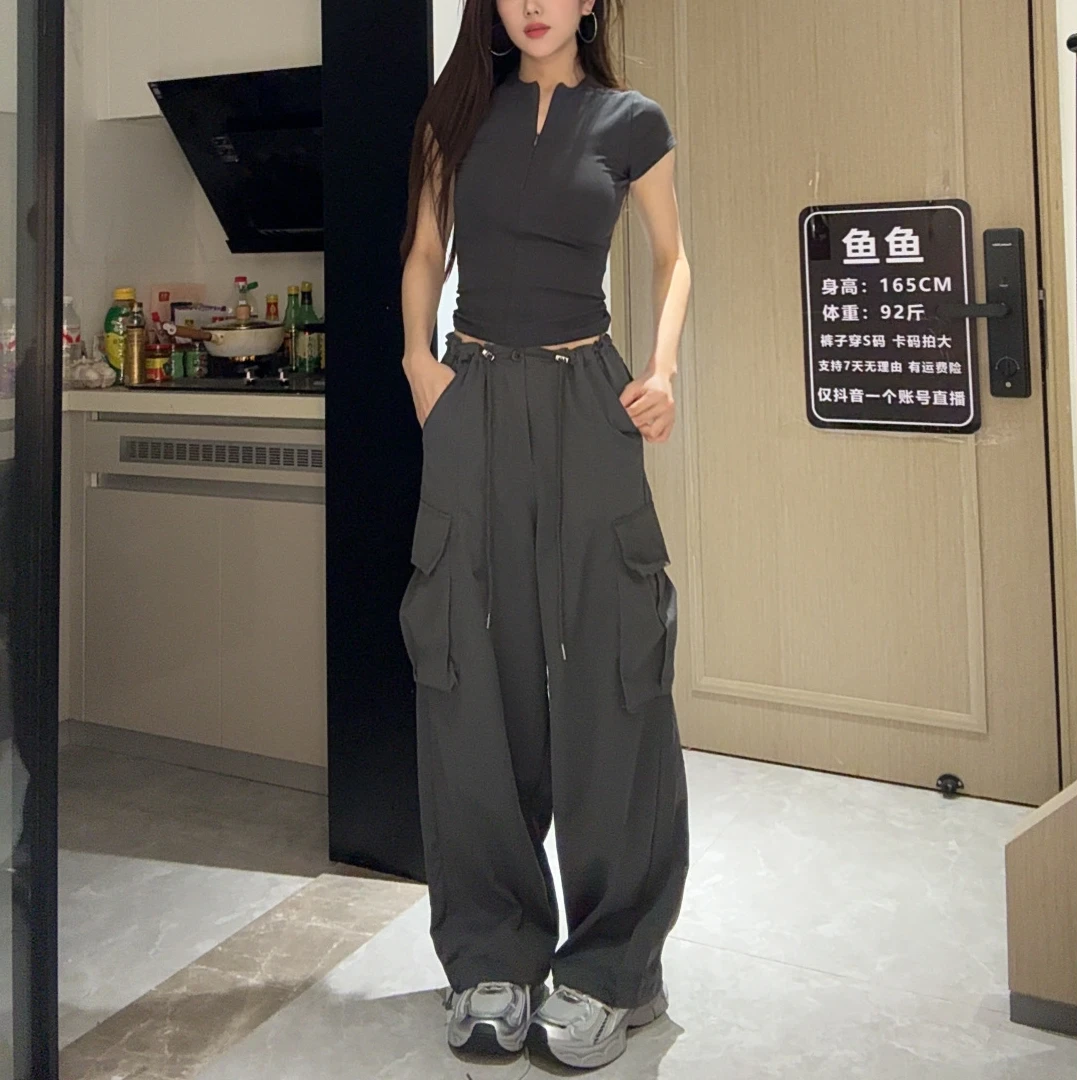 【LINZI清货专场】美式复古抽绳大口袋工装裤女新款宽松显瘦休闲裤