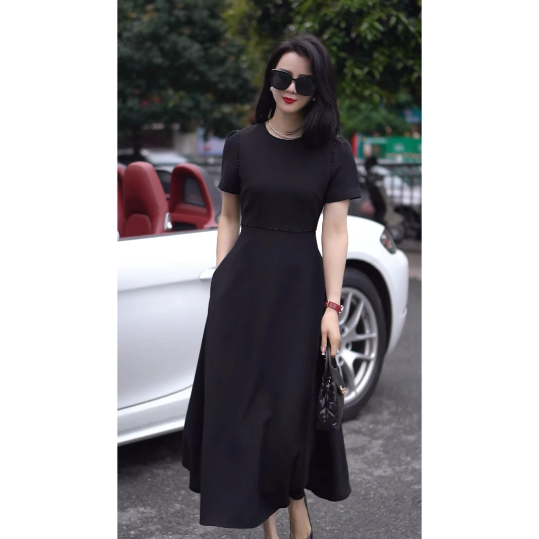 【法硕】三七比高腰显瘦钉珠连衣裙0726