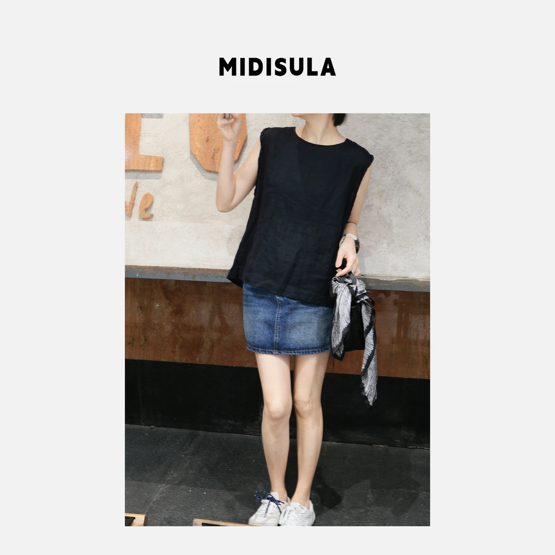 MDSL·新款时尚洋气日奢风圆领夏季通勤前后不规则无袖衬衫#1052