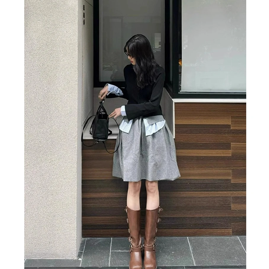 韩系叠穿设计感学院风套装裙复古气质百搭2025年春季新款两件套