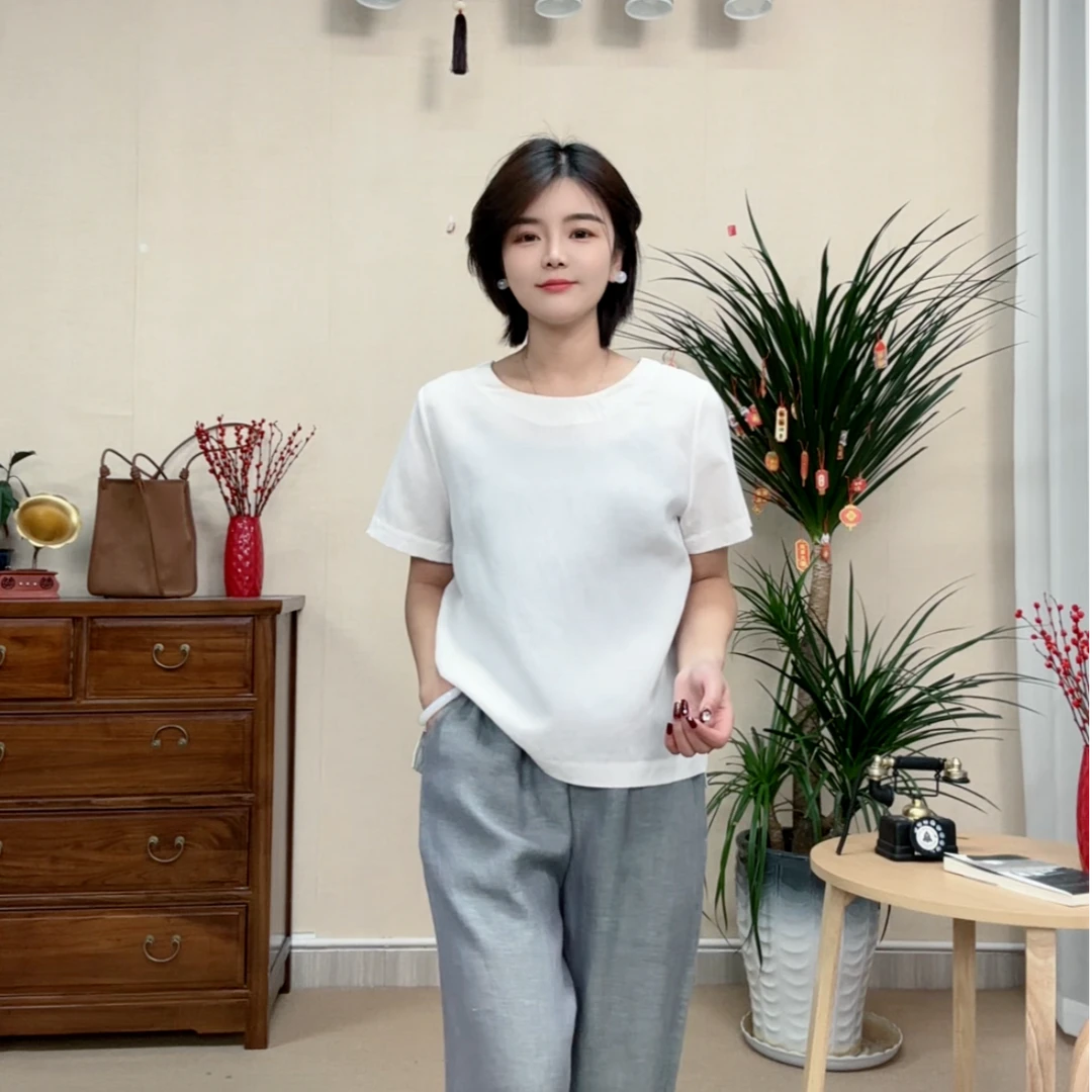【竹影】2024夏天丝汉麻圆领纯色套头衫休闲简约百搭半袖衬衫T恤048